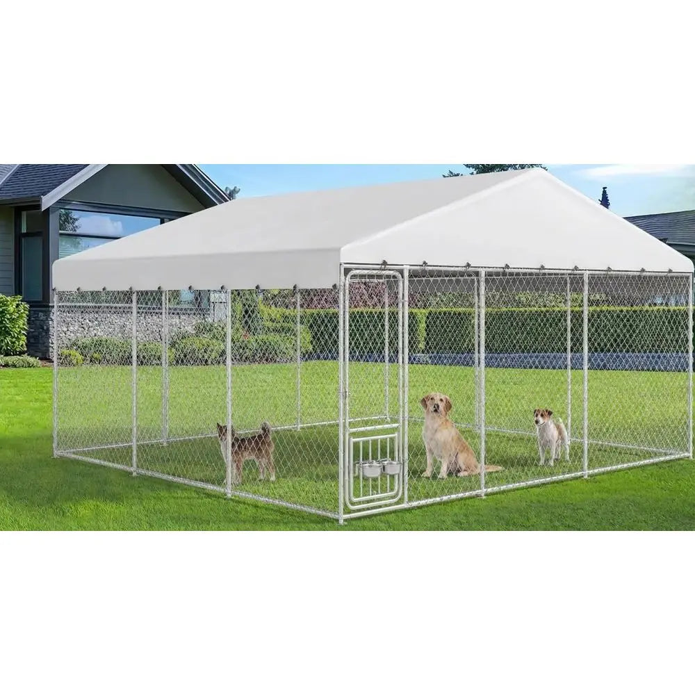 Outdoor Dog Kennel with Rotating eeder Bowls & UV-Resistant Waterproo Cover, 14.8×14.8×7.9T Outside Dog Enclosure or Yard, Heavy