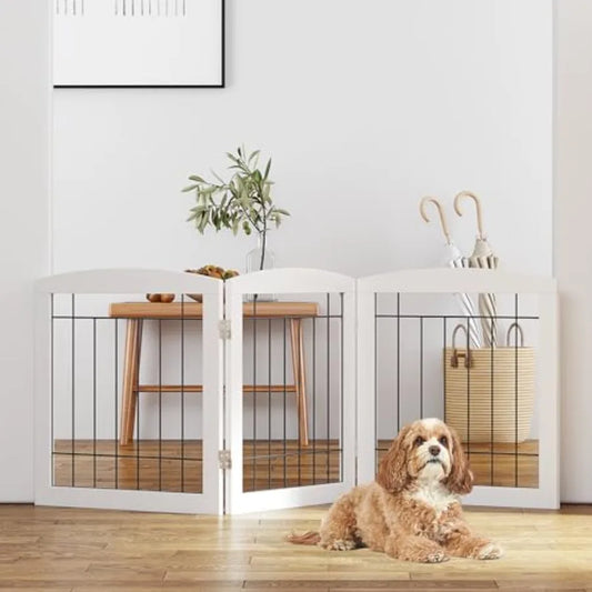 Free Standing Dog Gates for The House Stairs Doorways Indoor Foldable Wooden Small White Puppy Pet Gate Step Over Fence 60" W 2