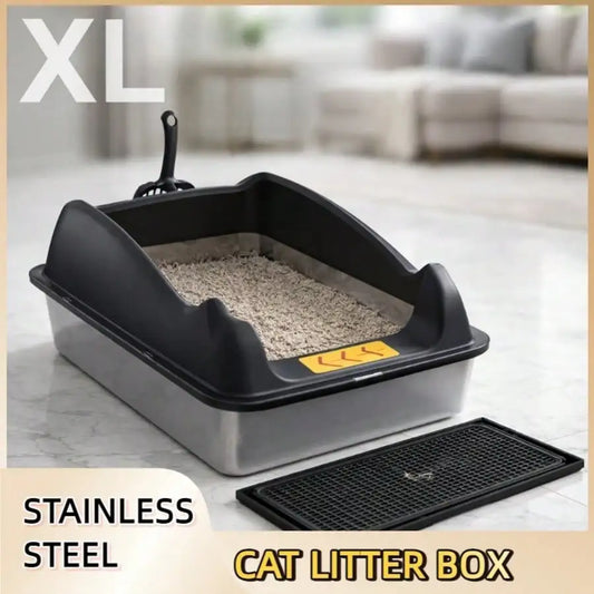 XL Stainless Steel Cat Litter Box with High Sides, Semi-Enclosed Privacy Design, Mat and Scoop for Large Cats, Multi-Cat Homes