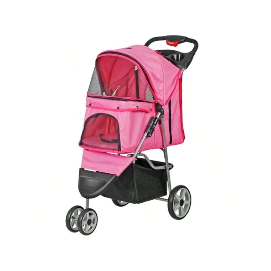 【New style】Foldable Pet Stroller For Cats And Dogs 3 Wheels Carrier Strolling Cart With Weather Cover, Storage Basket + Cup Hol