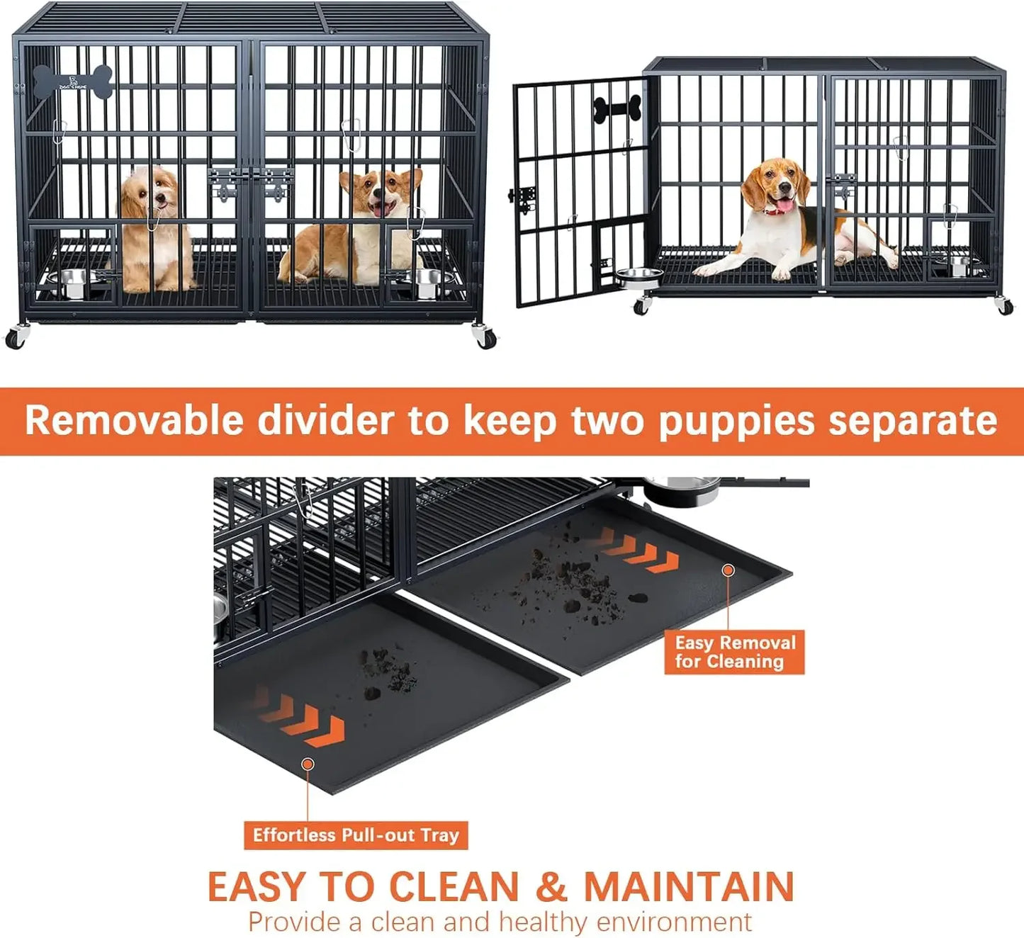 42/48 inch Heavy Duty Metal Dog Crate for 2 Dogs/Large Dog,All Metal Open Top Stackable,Dog Kennel Indoor with Wheels,Floor Grid