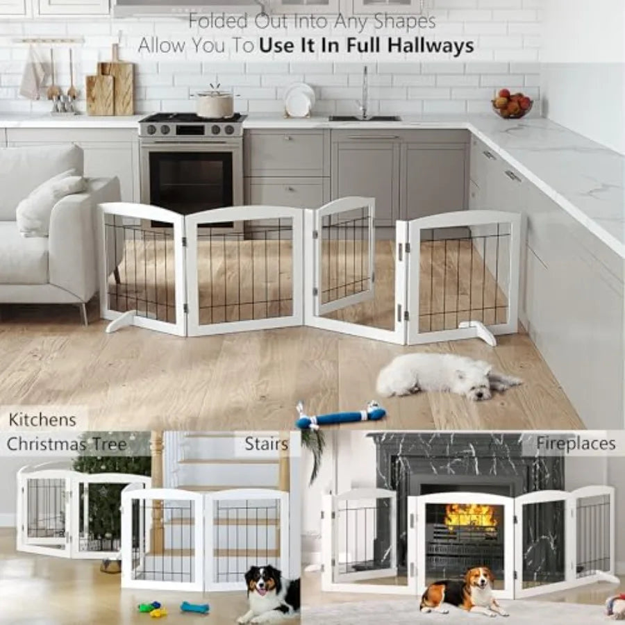 Free Standing Dog Gates for The House Stairs Doorways Indoor Foldable Wooden Small White Puppy Pet Gate Step Over Fence 60" W 2