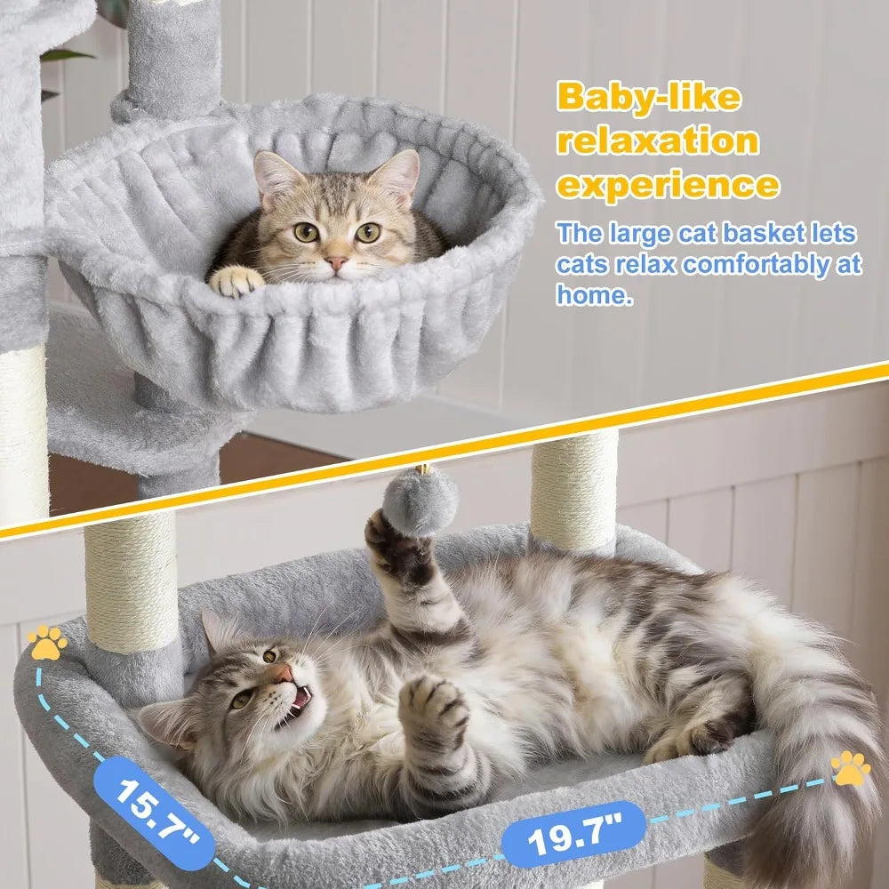 71.5" Cat Tree Tower, Extra Large Platform, 2 Condos, 2 Hammocks, Scratching Posts, Multi-Level for Indoor Cats, Smoky Gray