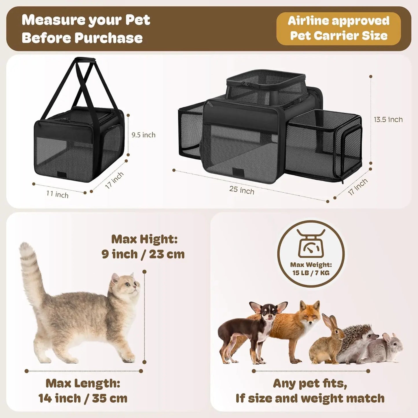 Top and 2 Sides Expandable Pet Carrier 17x11x9.5, TSA Airline Approved Soft-Sided Dog Carrier for Small Dogs, Cats, Puppies with