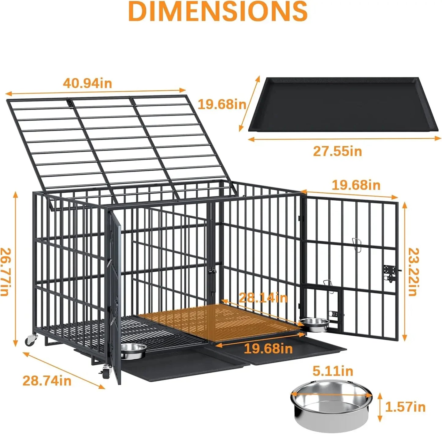 42/48 inch Heavy Duty Metal Dog Crate for 2 Dogs/Large Dog,All Metal Open Top Stackable,Dog Kennel Indoor with Wheels,Floor Grid