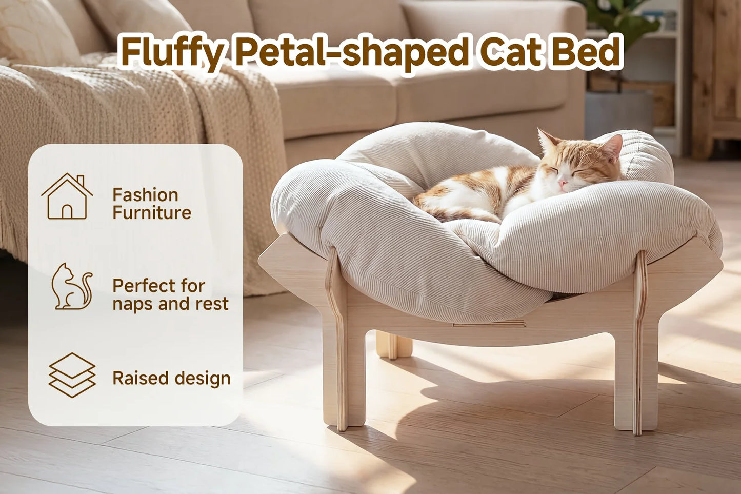 Large Flower-Shaped Pet Bed for Cats & Small Dogs - Modern Luxury High-Leg Sofa Bed with Solid Wood Base & Removable Mattress, I