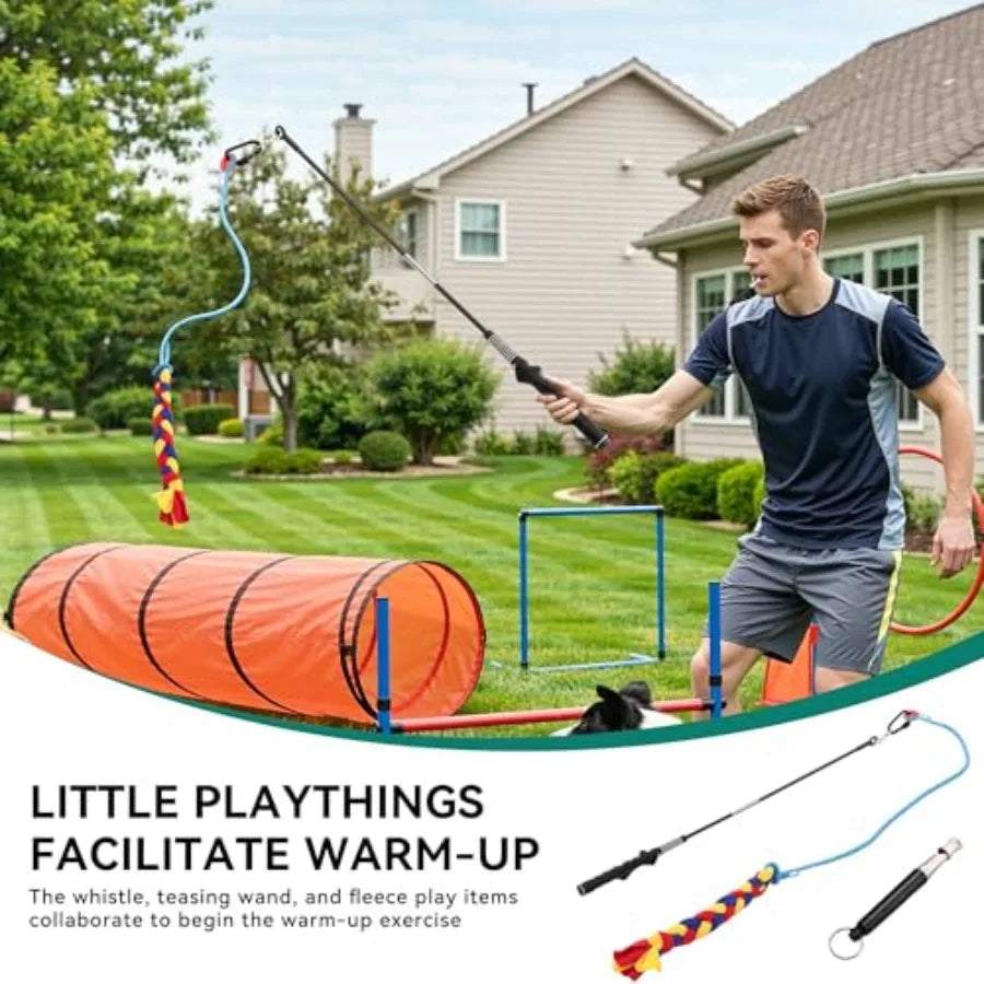 Dog Agility Accessories Kit: Comprises of a Teaser Pole, 2 Hurdles, 6 Weaving Poles, Agility Tunnel, Pause Box, Full Set of Agi