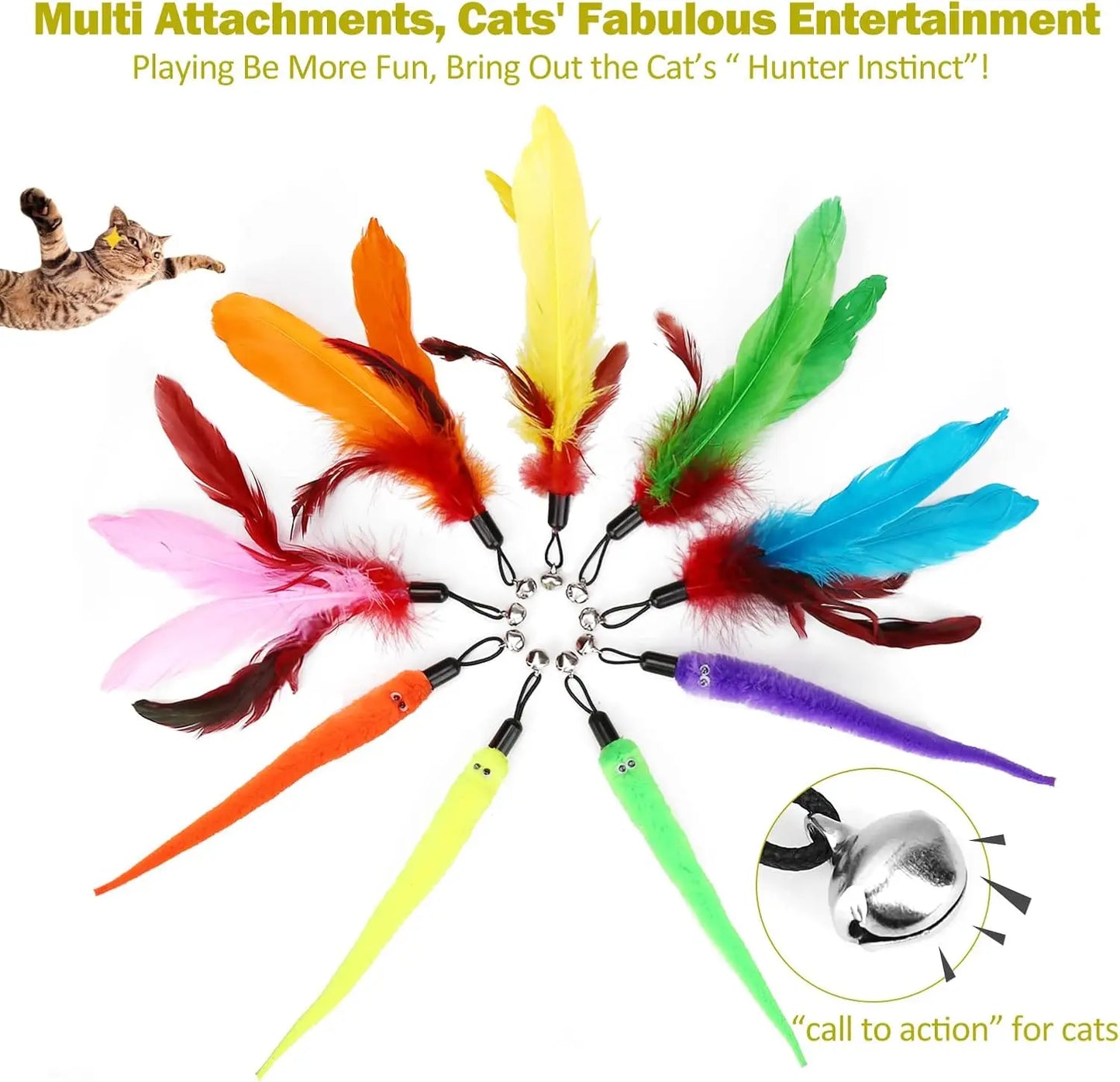 Cat Toys for Indoor Cats, Interactive Cat Toy 2PCS Retractable Wand Toy and 9PCS Cat Feather Toys Refills, Funny Kitten Toys Cat
