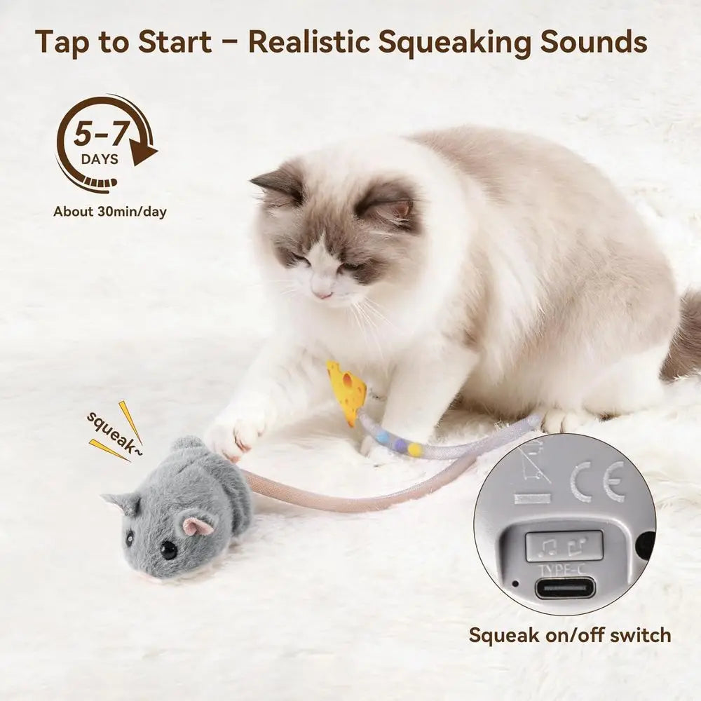 Interactive MigiMouse Cat Toy 360° Rolling & Spin with Mesh Plastic Tail or Indoor Cats Smart Motion Sensor, Realistic Squeak, R