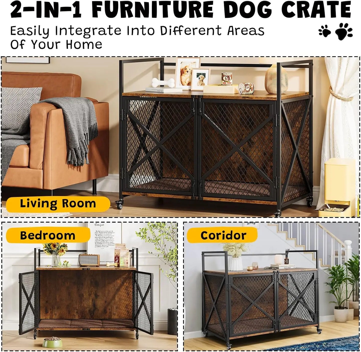 Heavy Duty Dog Cage with Lockable 360° Wheels Double Door Dog Kennel End Table for Small Medium & Large Dogs Crate Furniture