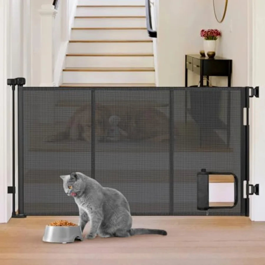 Reinforced 60" Wide Retractable Pet Gate with Cat Door Mesh Baby Gate for Stairs with Reinforced Strips Retractable Dog Gates w