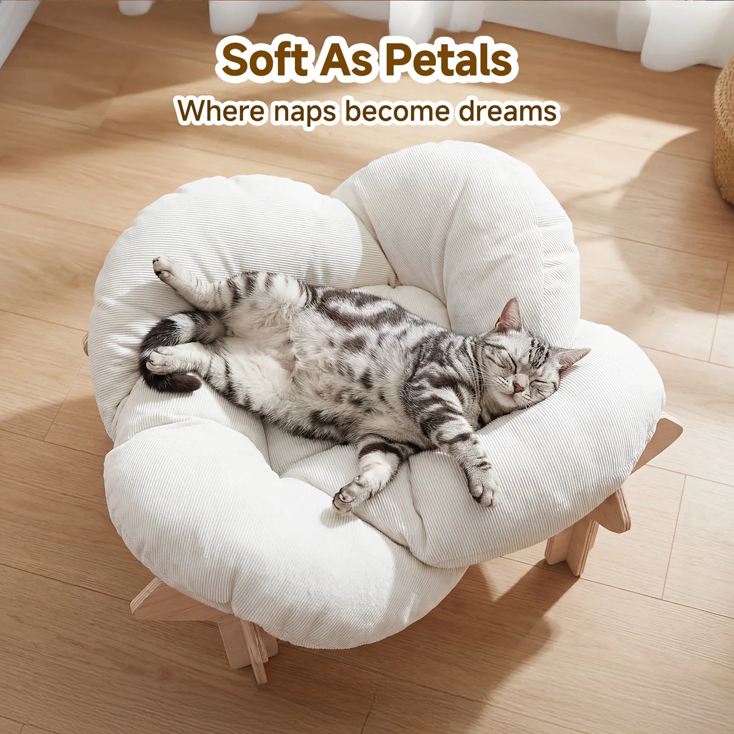 Large Flower-Shaped Pet Bed for Cats & Small Dogs - Modern Luxury High-Leg Sofa Bed with Solid Wood Base & Removable Mattress, I