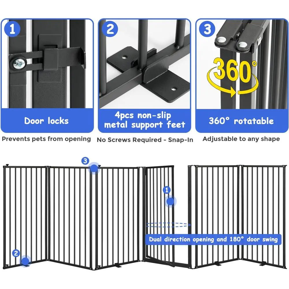 6 Panels Metal reestanding Dog Gates with Door,120''W Detachable oldable Dog ence Indoor Outdoor Puppy Gate, 32''H ree Standing