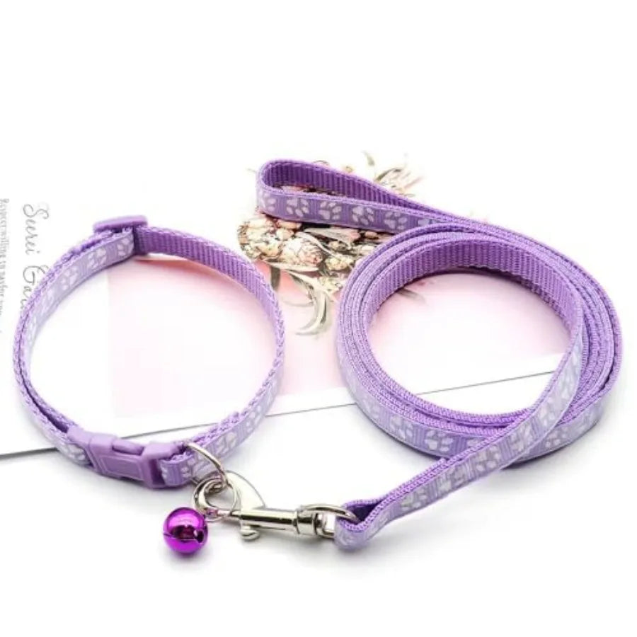 Purple Small Dog Collar and Leash Set, Pawprint Puppy Collar and Leash Adjustable Kitten Collar with Bell for Tiny Little XXS X