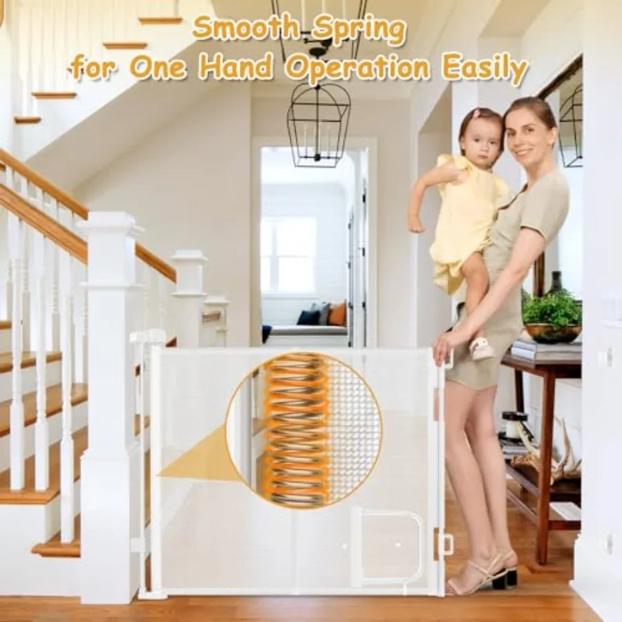 Reinforced 60" Wide Retractable Pet Gate with Cat Door Mesh Baby Gate for Stairs with Reinforced Strips Retractable Dog Gates w