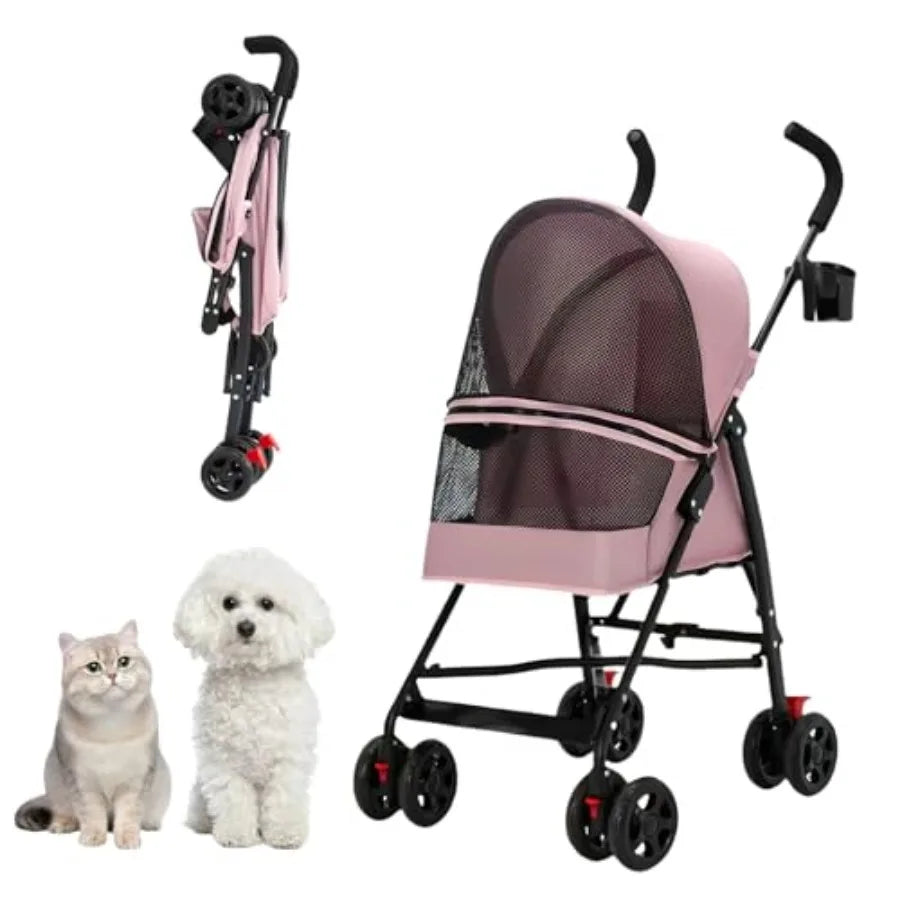 Pet Stroller with Mesh Ventilation, Lightweight Foldable Design, Cup Holder