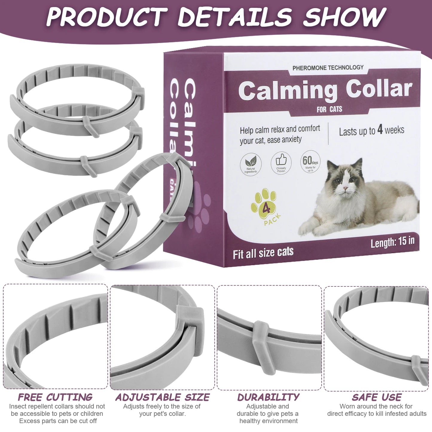 4Pcs Cat Calming Collar Cat Pheromone Collar Adjustable Calming Pheromone Collar Anti- Helps with Aggression Pet Supplies