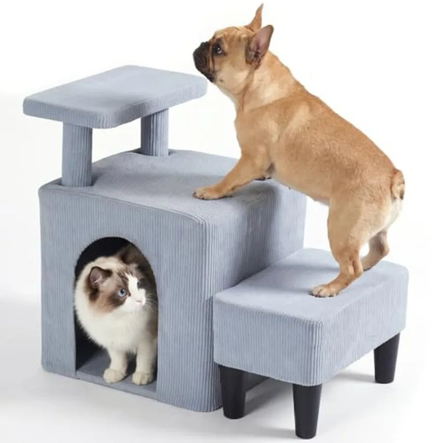 Indoor pet stairs for senior dogs and cats: 3-in-1 bed/couch steps with non-slip surface portable cave condo design cushioned f