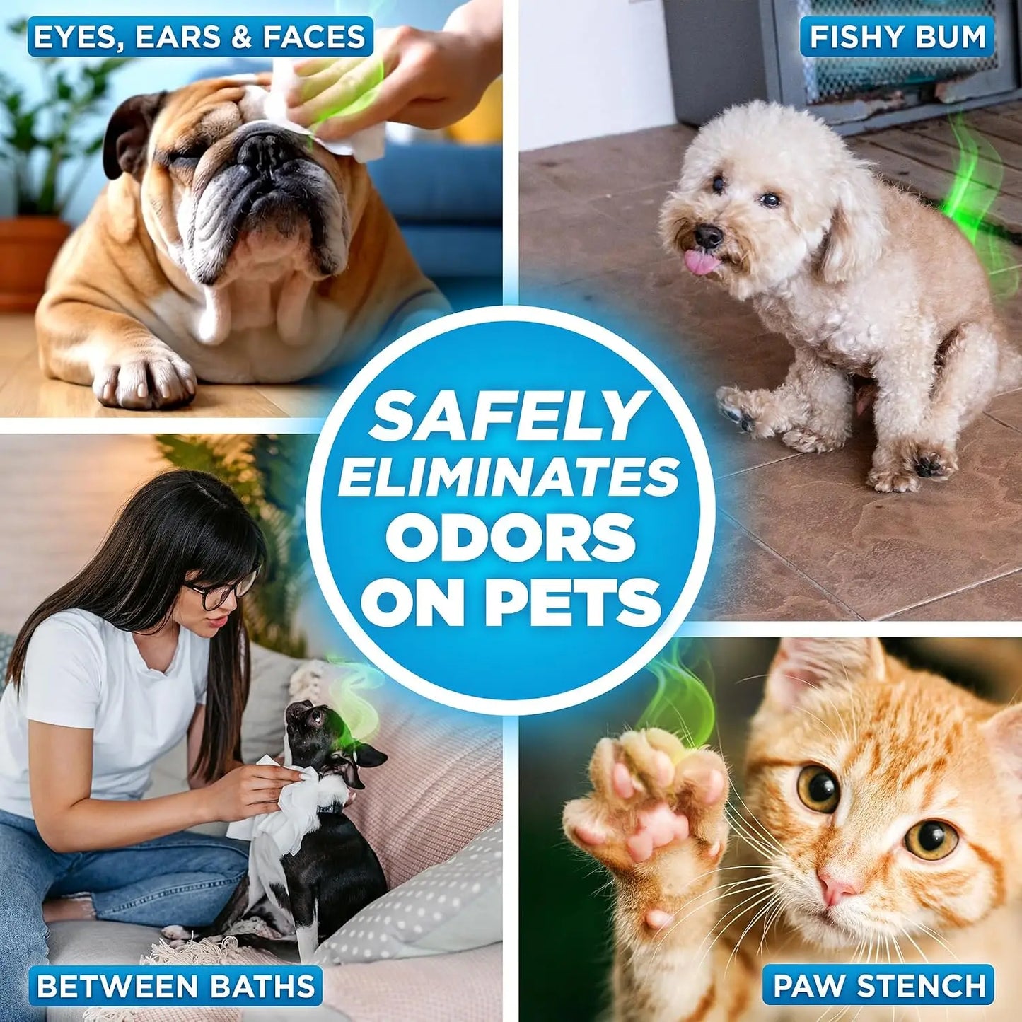 Gentle Pet Wipes for Fast Odor Removal – 100 Count, Fragrance-Free, Chemical-Free, Safe for All Surfaces