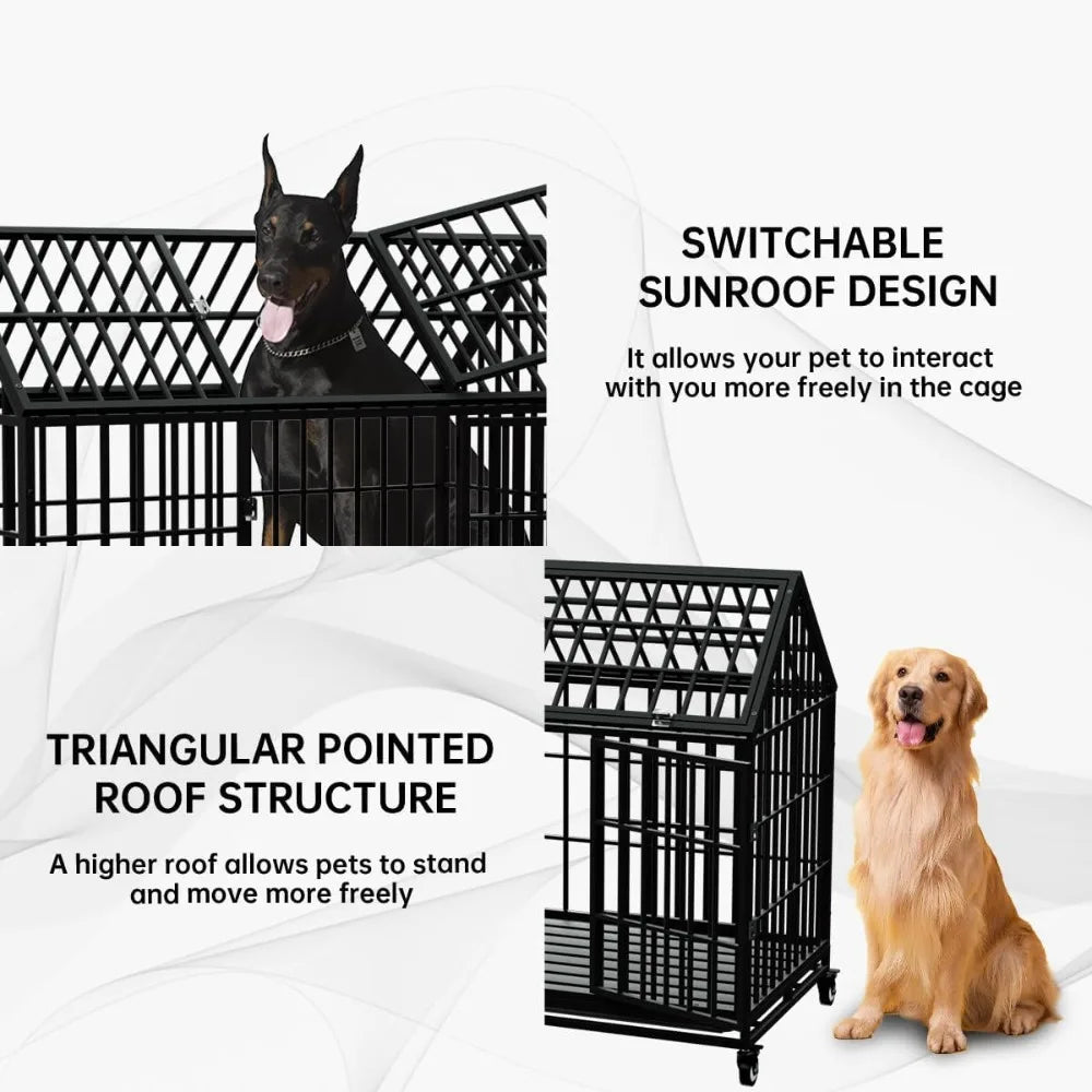 Duty Dog Crate Large Dog cage Strong Metal Dog Kennels  for Large Dogs Top Open with 2 Doors 4 Lockable Wheels，Customized