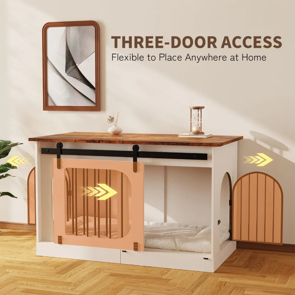 39.4" Farmhouse Dog Crate Furniture with Cushion, White Wooden End Table for Small to Large Dogs