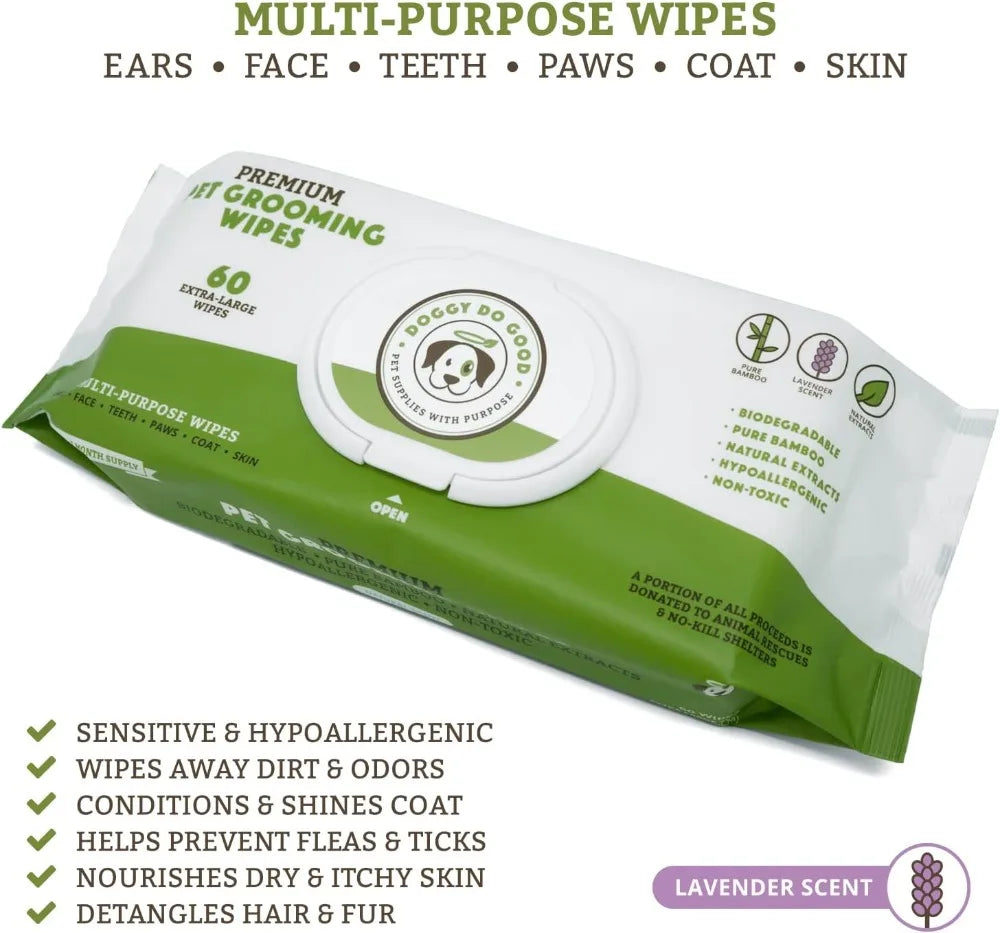 Extra Large Pet Wipes 60ct Lavender Scent Hypoallergenic Bamboo Deodorizing Dog Wipes