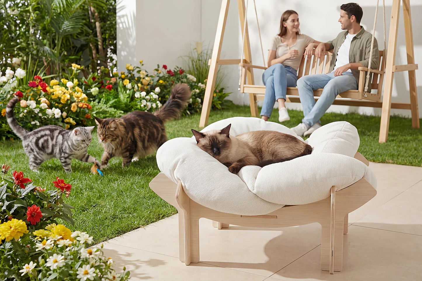 Large Flower-Shaped Pet Bed for Cats & Small Dogs - Modern Luxury High-Leg Sofa Bed with Solid Wood Base & Removable Mattress, I