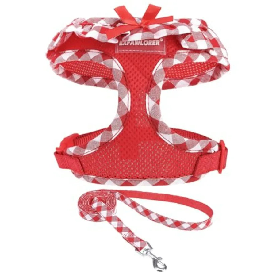 Cute Dog Harness Collar Leash Set - Girl Dog Harness Checke Step-in Design, Adjustable No-Choke Lightweight Mesh Vest for Cats