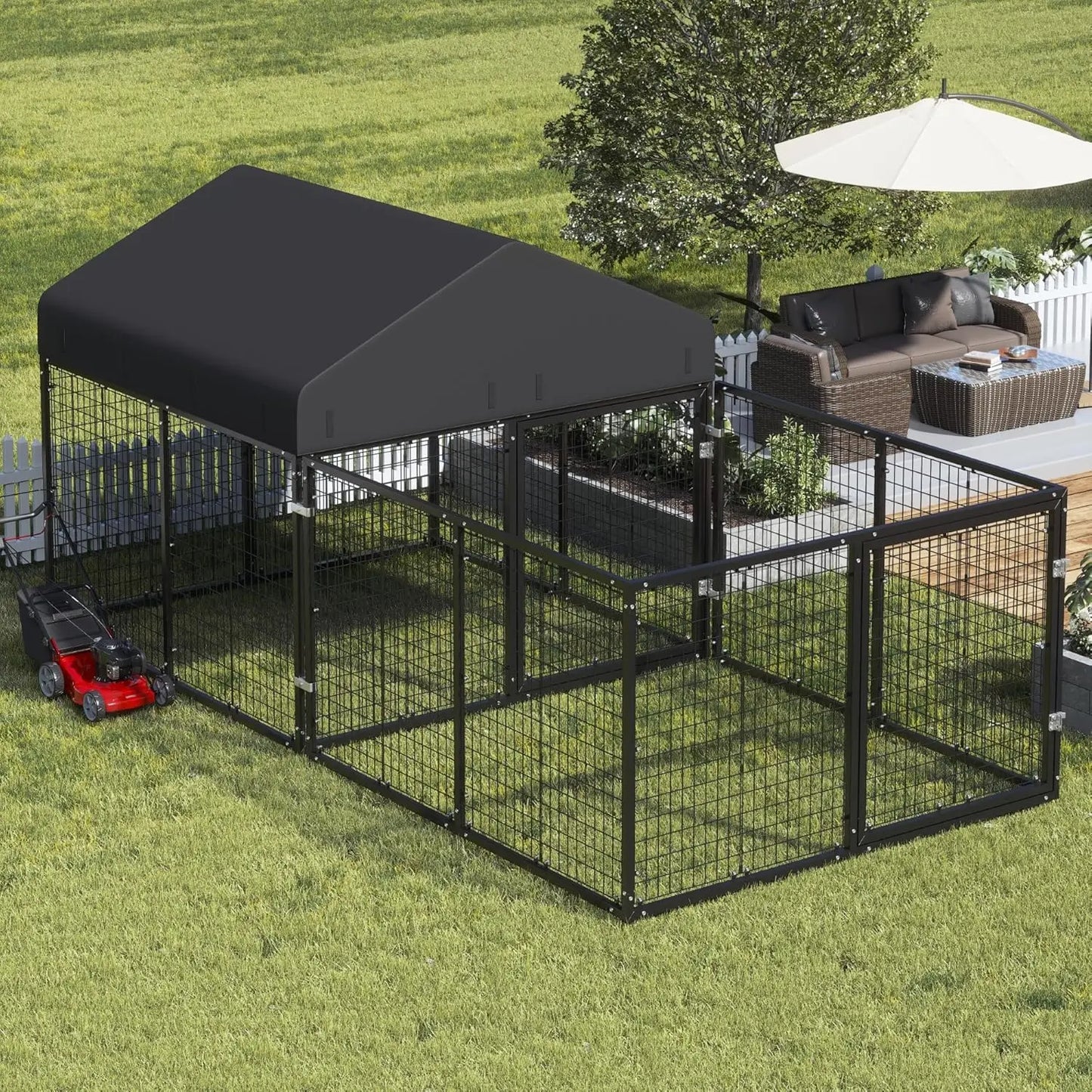 Outdoor Galvanized Steel Dog Kennel with Roof & Fence Anti-Rust All Weather Double Lock for Small/Medium Dogs, Custom