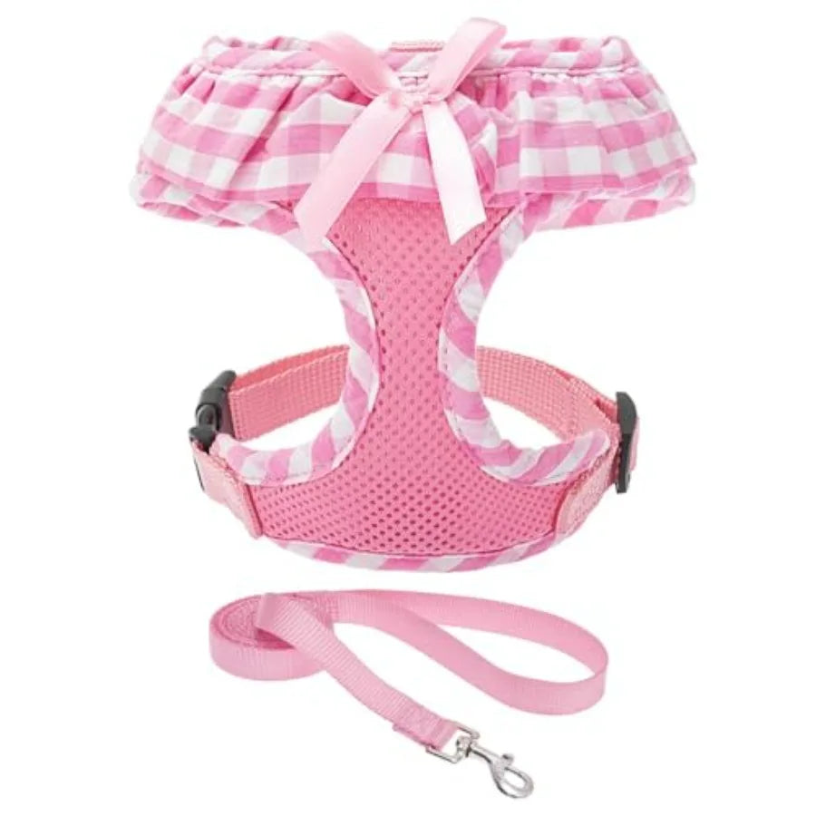 Cute Dog Harness Collar Leash Set - Girl Dog Harness Checke Step-in Design, Adjustable No-Choke Lightweight Mesh Vest for Cats