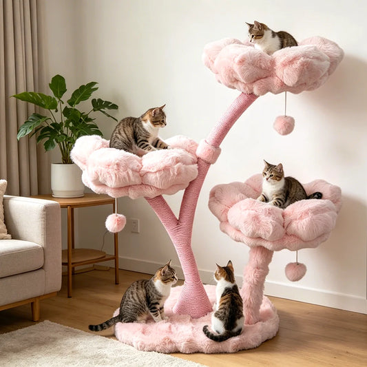 Pink Flower Cat Tree Tower with Scratching Post Wood Branch Cat Cushioned Bed Hanging Ball Toy