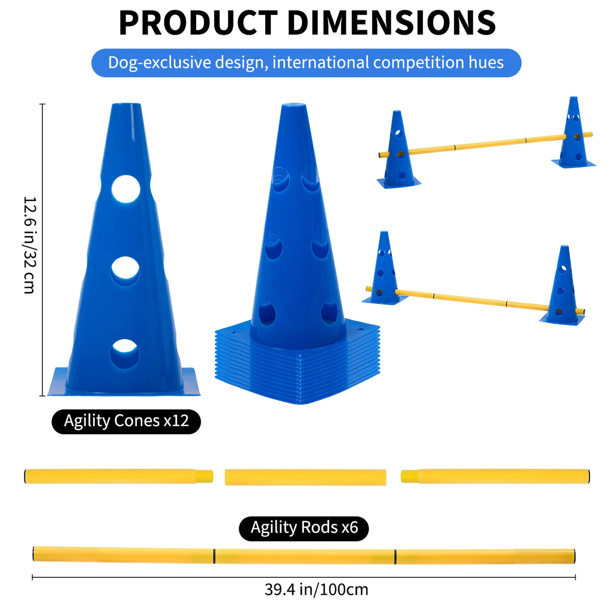 Dog Agility Training Set, 12 Pack Agility Cones with 6 Agility Rods, 3 Height Adjustable Dog Hurdle Training Equipment, Interactive Dog Toy for Outdoor Exercise, Puppy Training and Pet Play