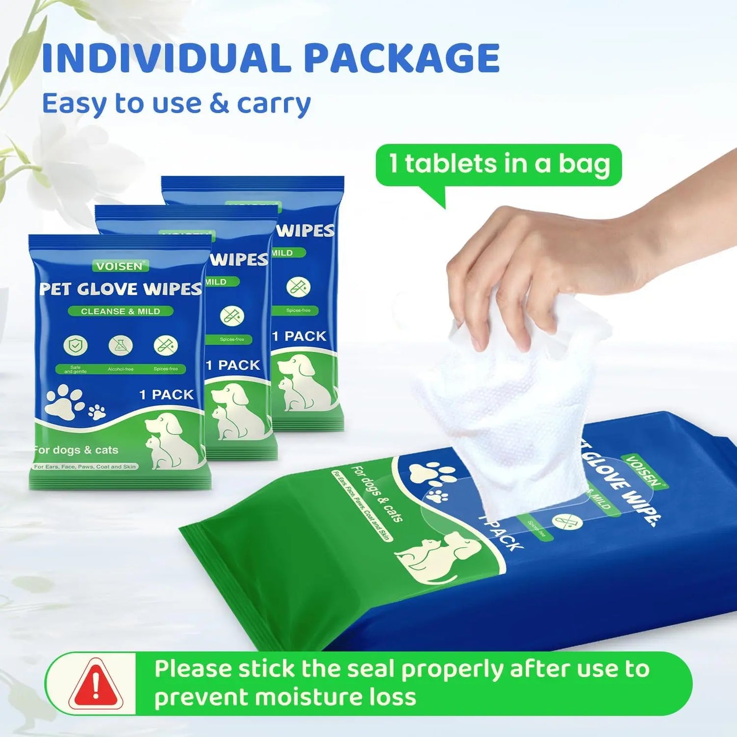 48 Pcs Pet Glove Wipes for Dogs and Cats, Cleaning & Deodorizing Bathing Grooming Wipes, Unscented Thick Nourish Fur Wipes for Dry Cleaning