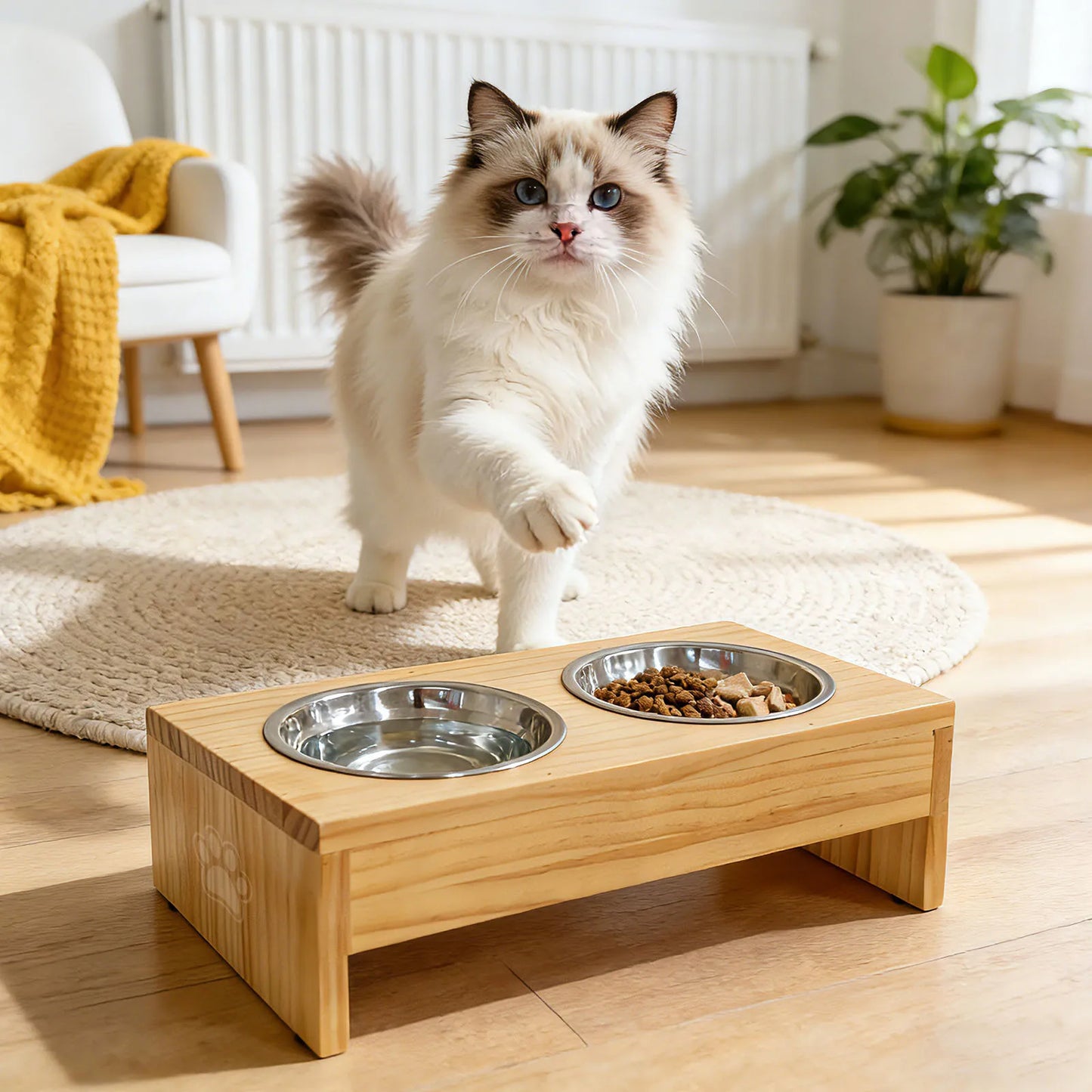 Wooden Elevated Dog Bowls, Raised Pet Feeder with Stainless Steel Double Bowls, Non-Slip Dog Food Water Stand for Medium Large Dogs