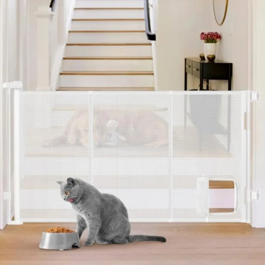 Reinforced 60" Wide Retractable Pet Gate with Cat Door Mesh Baby Gate for Stairs with Reinforced Strips Retractable Dog Gates w