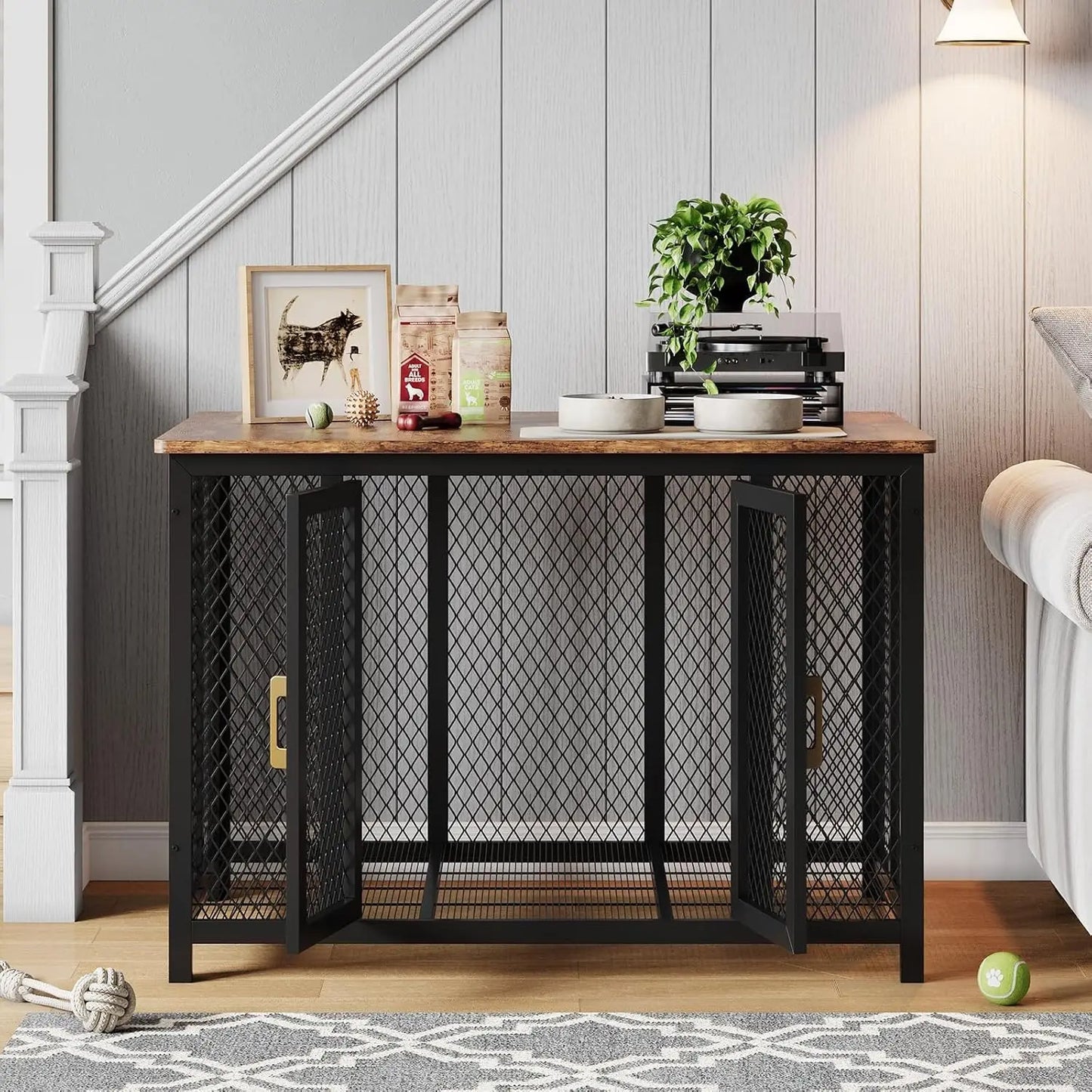 47" Large Dog Crate Furniture with Wire Floor, Double-Doors Wooden Dog House with Top Access Door,Heavy Duty Pet Kennel Up to 220 Lbs Table for Large, Medium and Small Dogs,120 x 83 x 78 cm,Brown