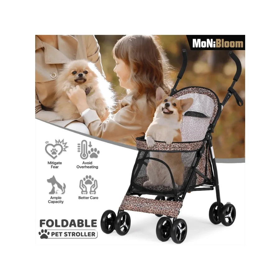 【New style】MoNiBloom 4 Wheels Pet Stroller, Easy-Fold Dog Cat Jogger Stroller W/Rear Storage Bag and Visible Mesh For Small/Med