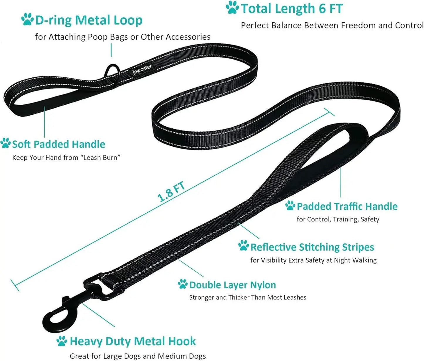 Heavy Duty Dog Leash with 2 Handles for Extra Control, 6 ft Long, Ideal for Medium to Large Dogs