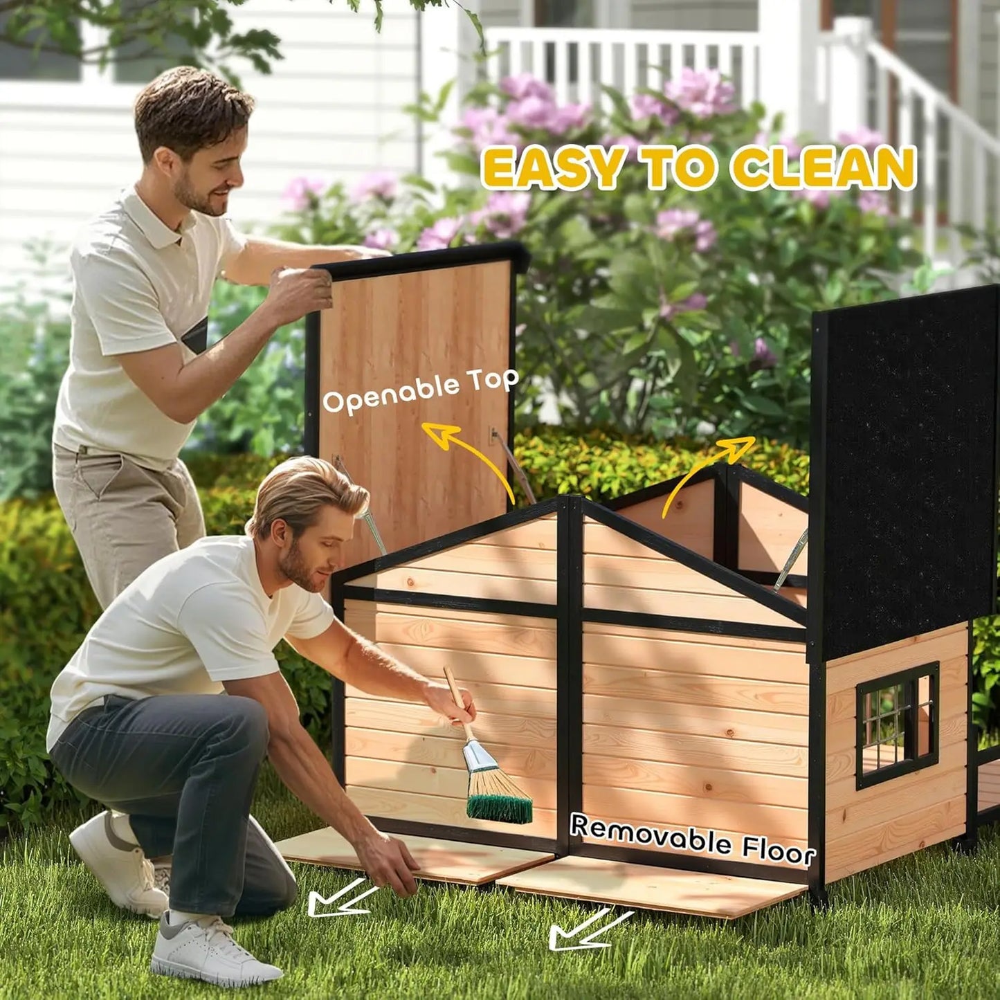 Weatherproof Wooden Dog House with Porch & Roof, Removable Floor, Elevated Double Room for Small Medium Breeds, Custom