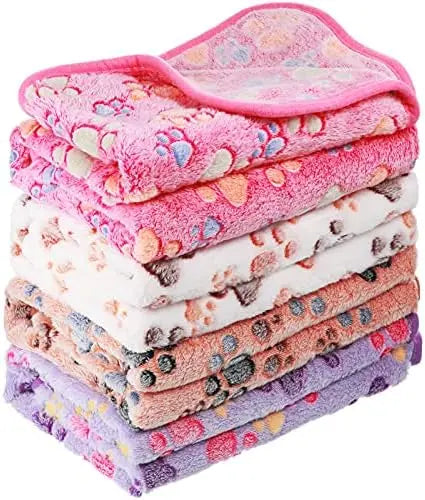 4 Pack Fleece Dog Blankets for Small Pets - Soft, Washable, Multi-Size - Paw Print Pattern - Mixed Colors, 24x16 Inch
