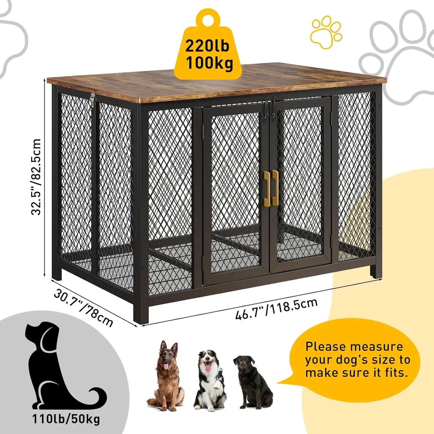 47" Large Dog Crate Furniture with Wire Floor, Double-Doors Wooden Dog House with Top Access Door,Heavy Duty Pet Kennel Up to 220 Lbs Table for Large, Medium and Small Dogs,120 x 83 x 78 cm,Brown
