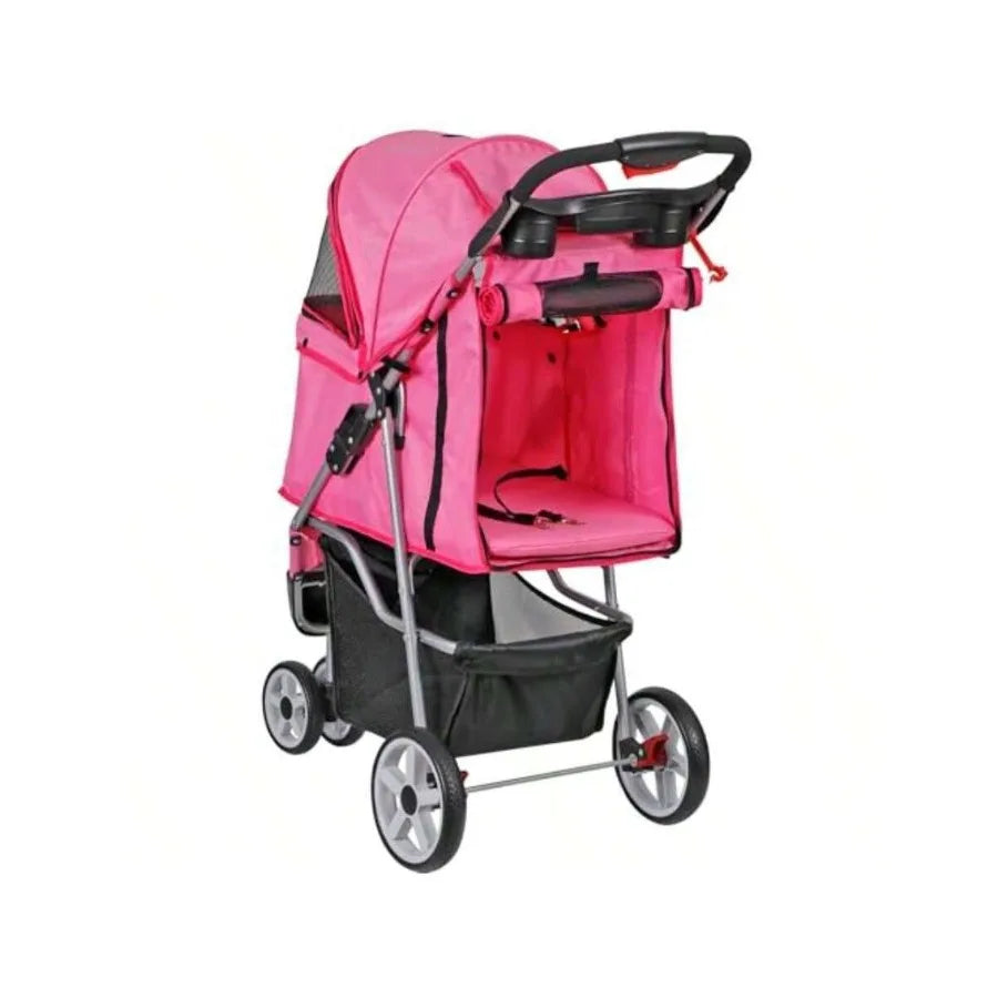 【New style】Foldable Pet Stroller For Cats And Dogs 3 Wheels Carrier Strolling Cart With Weather Cover, Storage Basket + Cup Hol