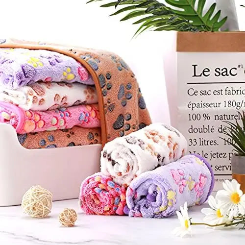 4 Pack Fleece Dog Blankets for Small Pets - Soft, Washable, Multi-Size - Paw Print Pattern - Mixed Colors, 24x16 Inch