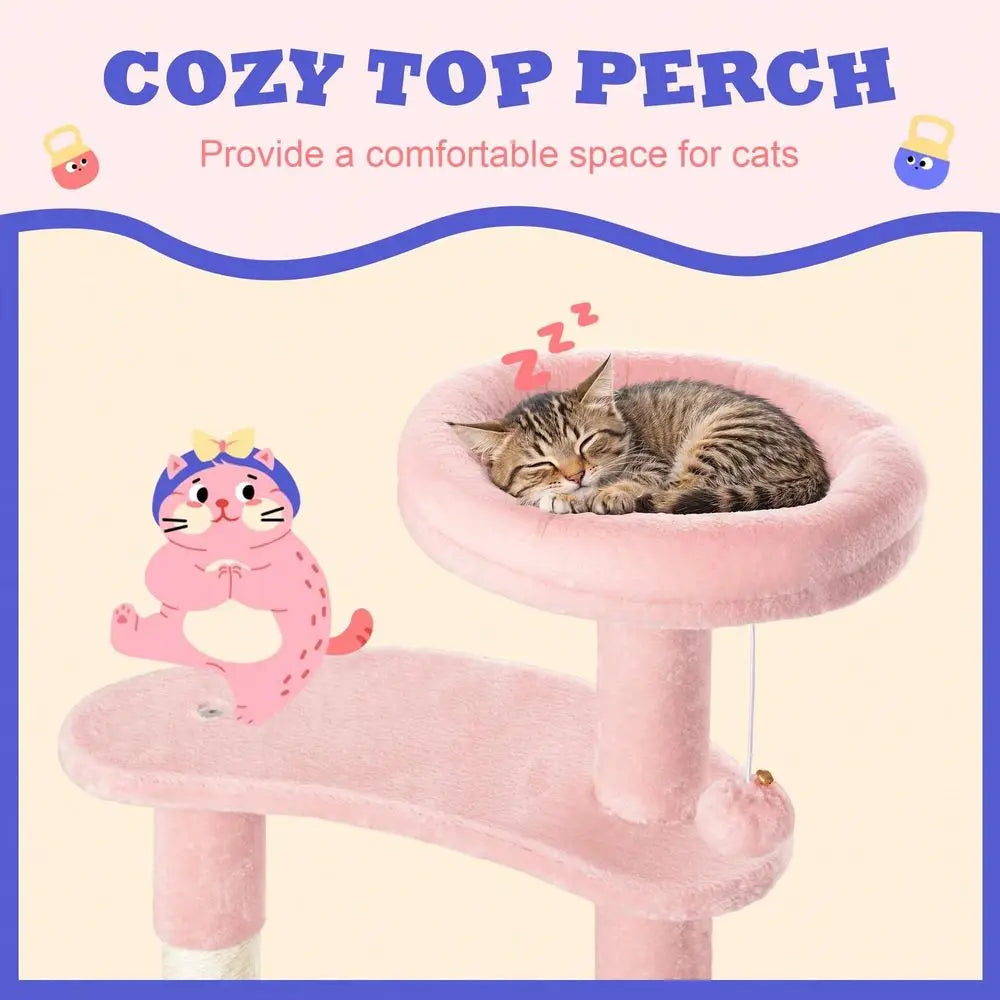 55.5 In Cat Tree For Indoor Kitties, Soft Plush Perches, MultiLevel Cat Tower, Sisal ching Posts, Crescent Plates, Round J