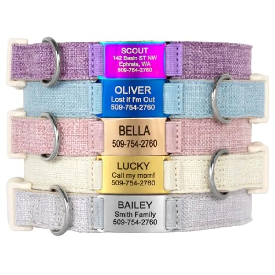 Personalized Cotton Hemp Dog Collar with Custom Engraved Nameplate Silent No Noise Pet Dog Tag for Small Medium and Large Dogs