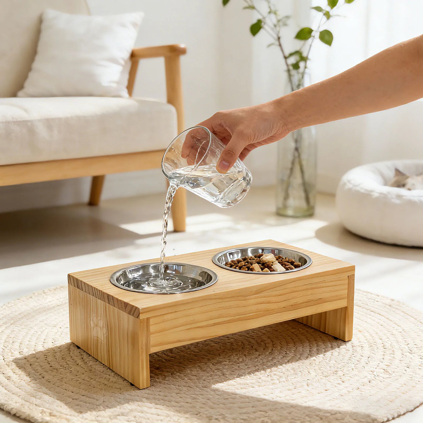 Wooden Elevated Dog Bowls, Raised Pet Feeder with Stainless Steel Double Bowls, Non-Slip Dog Food Water Stand for Medium Large Dogs