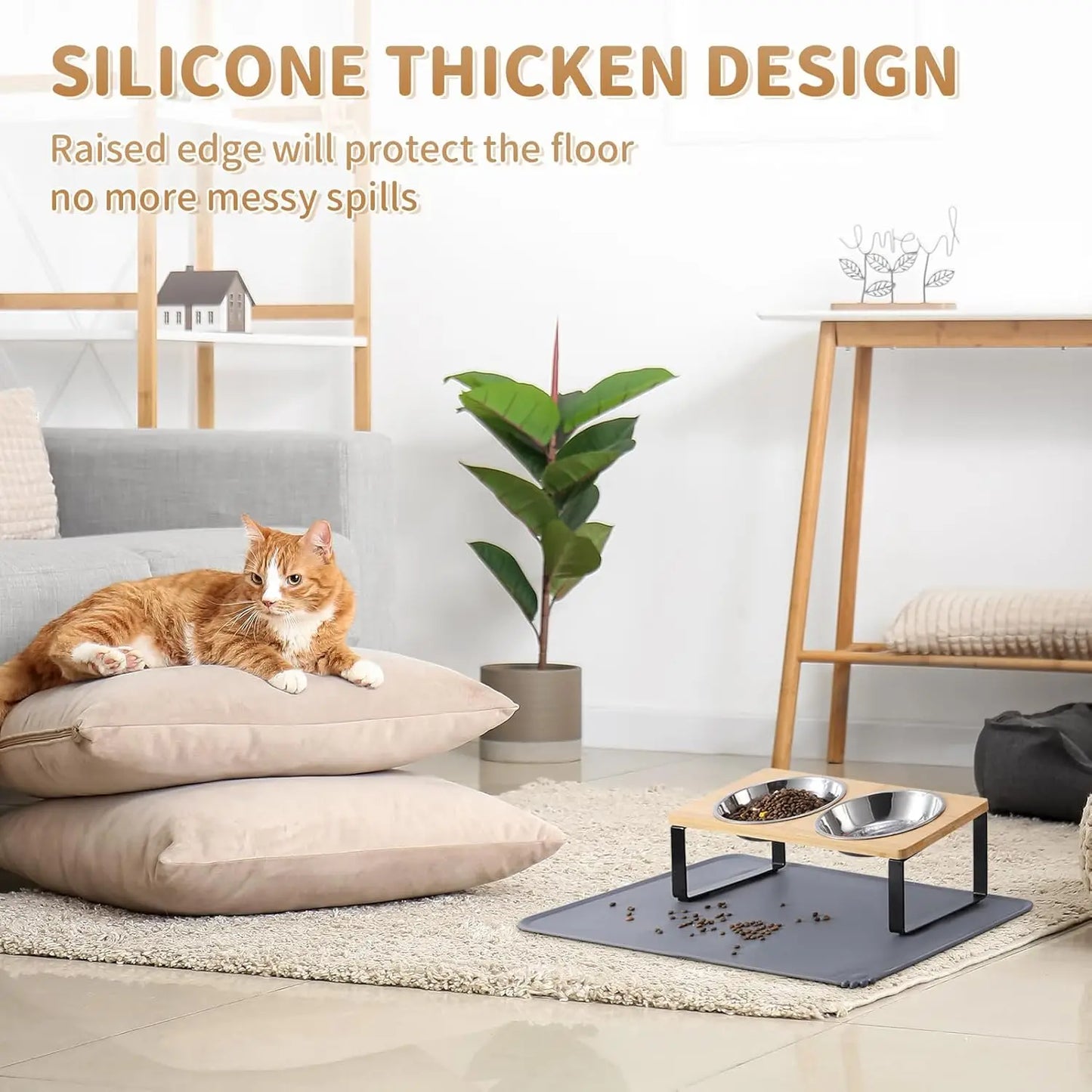 Upgraded Elevated Cat Bowls with Food Mat,15°Tilted Stand Anti Vomiting Raised Cat Dishes for Food and Water,2 Stainless Steel B