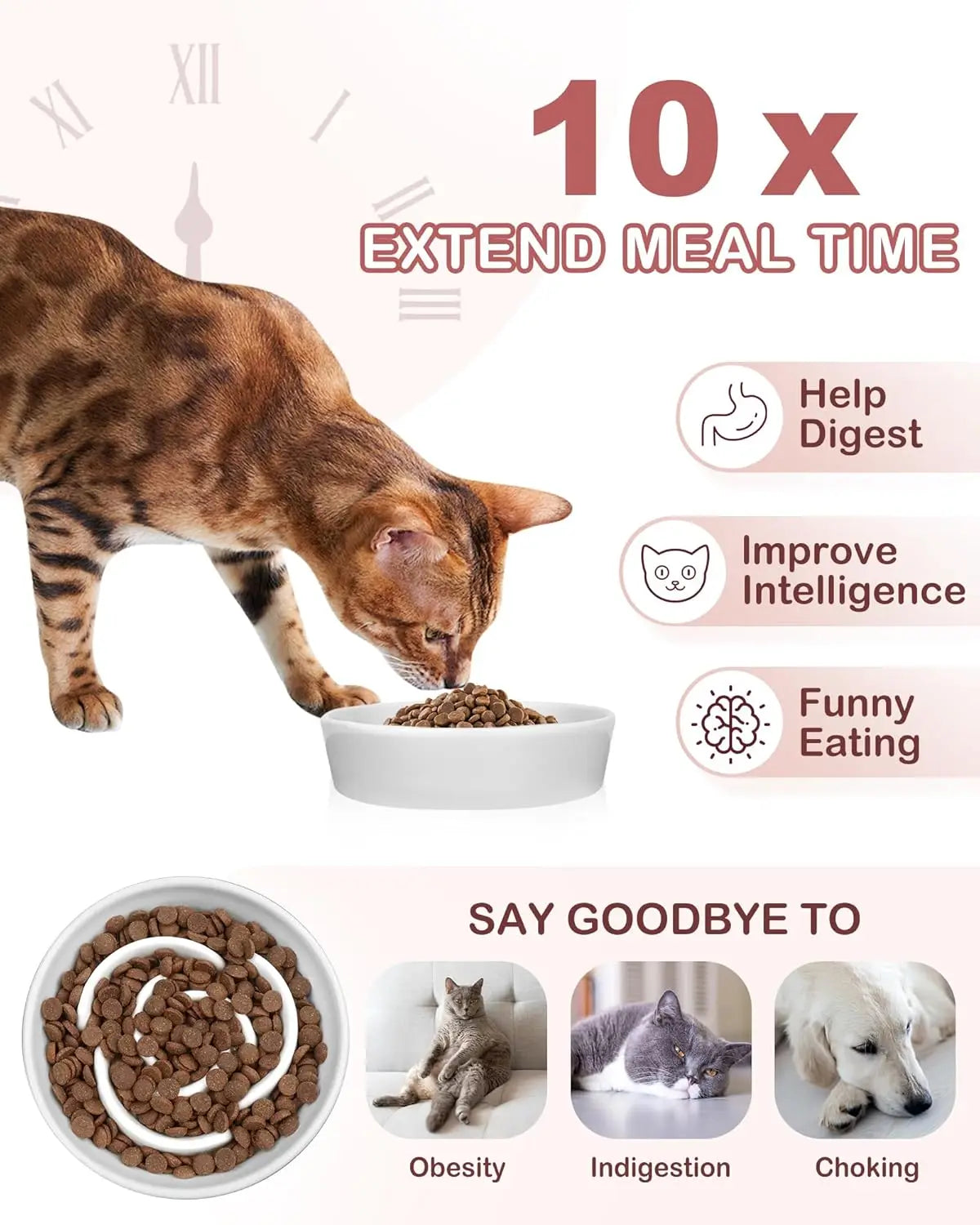 Ceramic Slow Feeder Dog Bowls for Small Breeds, 0.6 Cup Cat Bowl for Fast Eaters, Puzzle Dish No Black Chin, White