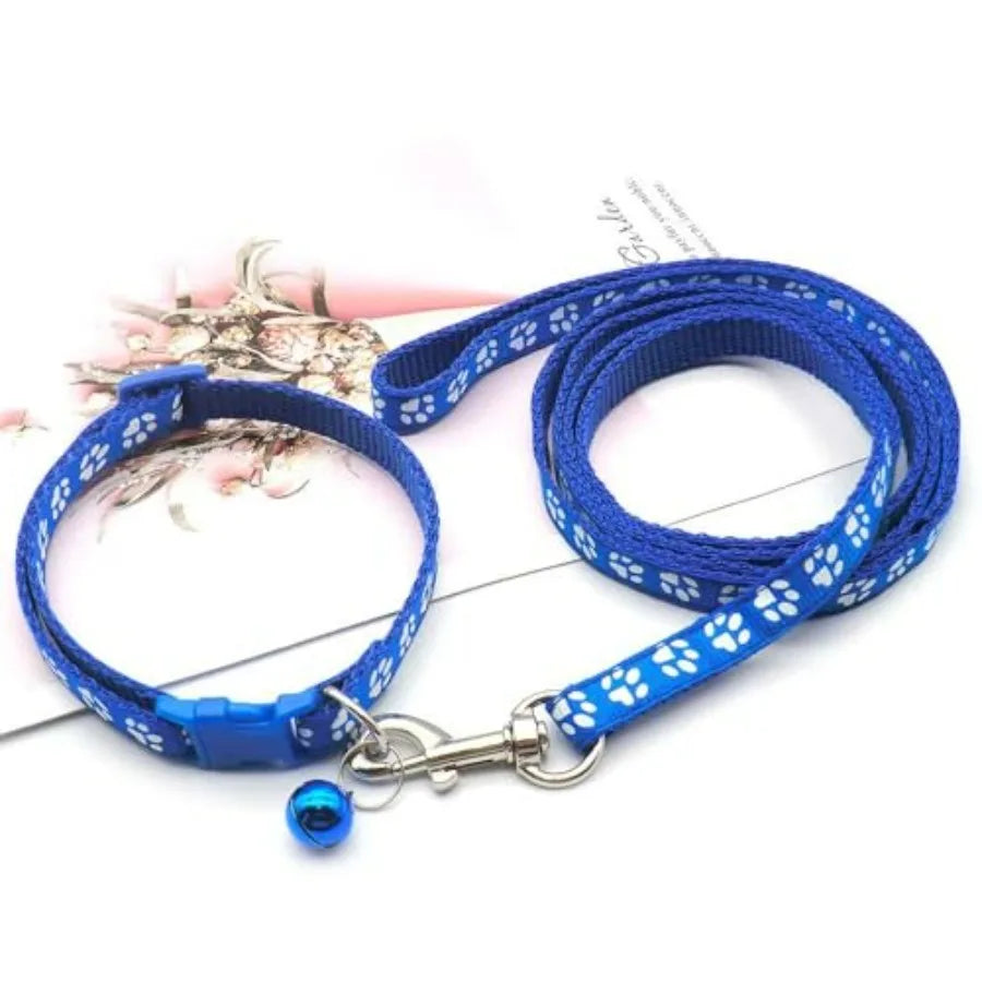 Purple Small Dog Collar and Leash Set, Pawprint Puppy Collar and Leash Adjustable Kitten Collar with Bell for Tiny Little XXS X