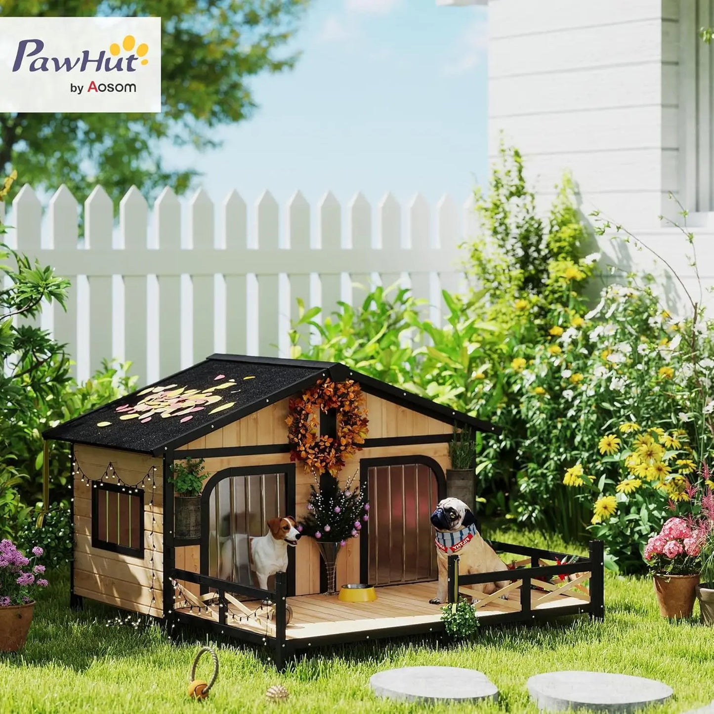 Weatherproof Wooden Dog House with Porch & Roof, Removable Floor, Elevated Double Room for Small Medium Breeds, Custom